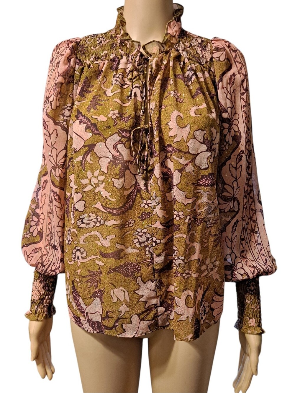 O.P.T. Olive And Pink V Neck With Ties Floral Boho Sheer Flowy  Blouse xs